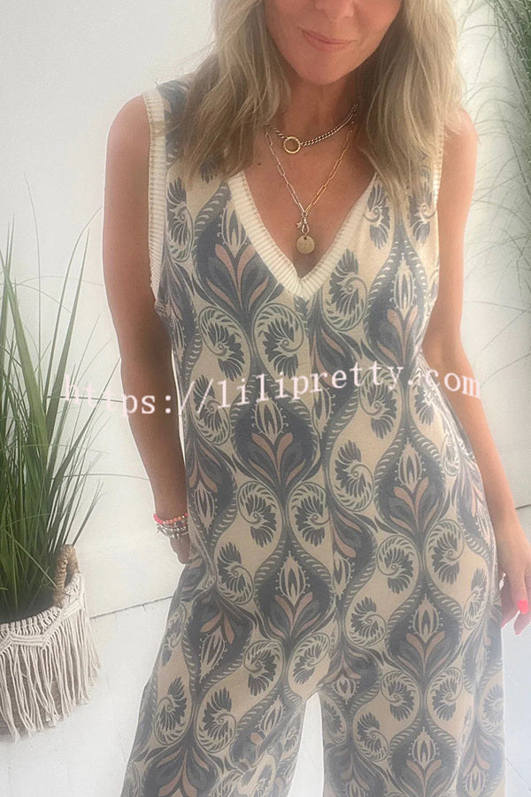 Lilipretty Moroccan Inspired Printed Texture V-neck Loose Jumpsuit