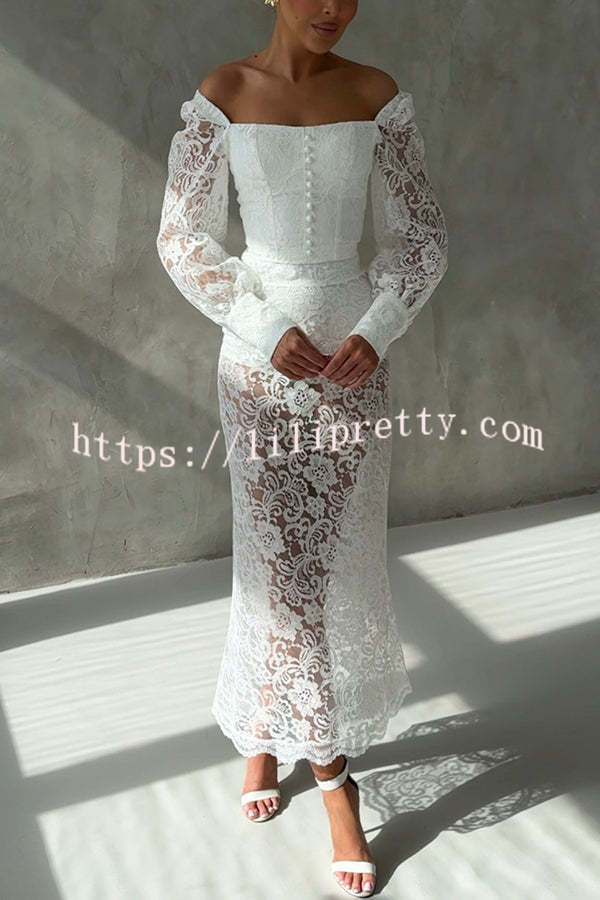 Timeless Moment Floral Lace Square Neck Button Up Balloon Sleeve Top