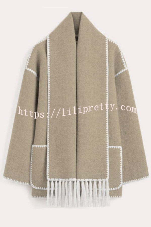 Stylish Loose Pocket Long Sleeve Coat and Warm Fringed Scarf