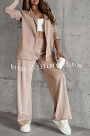 Working Casual Days Long Sleeve Lapel Blazer and Elastic Waist Pocket Straight Pants Set