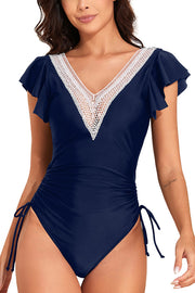 Fashionable V-neck Ruffled Flying Sleeves Stretch One-piece Swimsuit