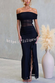Sexy Mesh Off-shoulder Slim Fit Ruffled Slit Maxi Dress