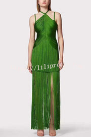 Sexy Halterneck Open Back Elegant Tassel Slim Maxi Dress