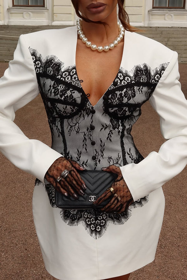 Saela Contrast Lace Corset Design V-neck Long Sleeve Tulip Mini Dress