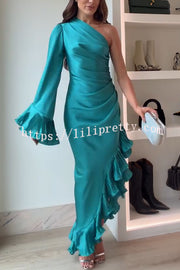 Elegant Satin One Shoulder Sleeve Pleated Ruffles Trim Ruched Asymmetrical Maxi Dress