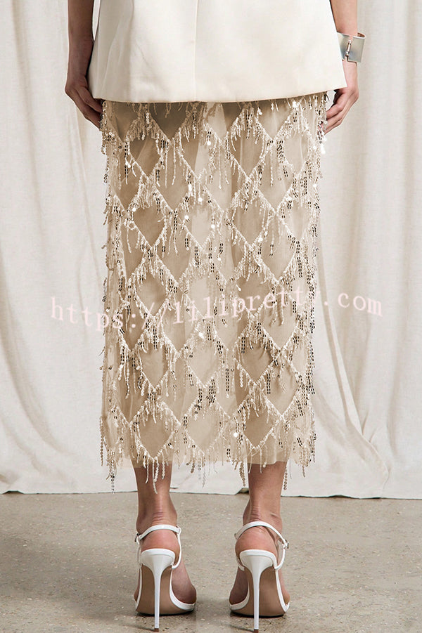 Sexy See-through Sequined Tassel Midi Skirt