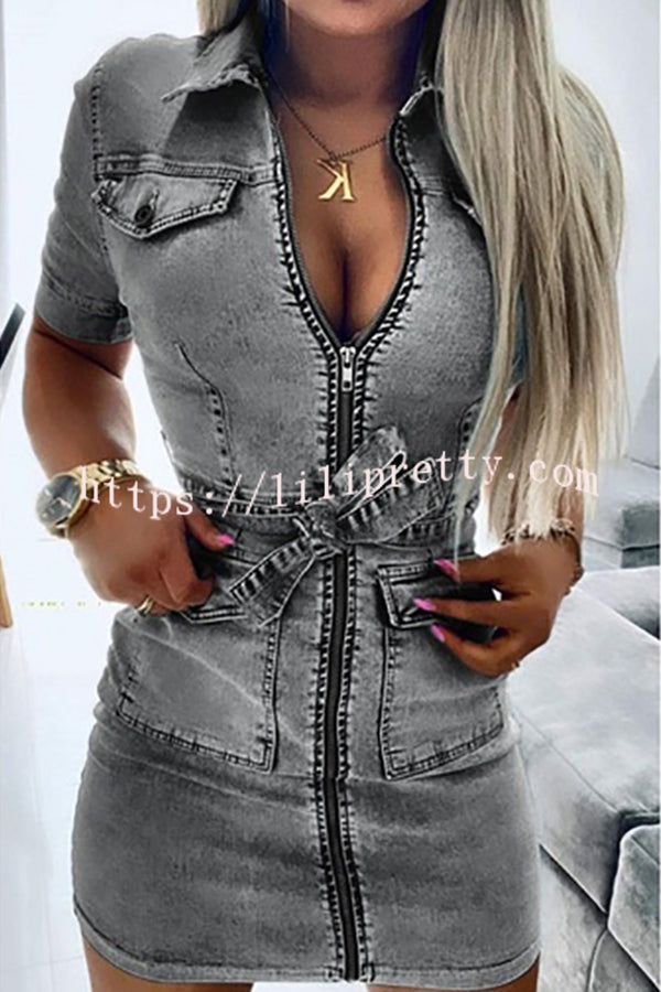 Lilipretty Tie Waist Zipped Pocket Denim Mini Dress