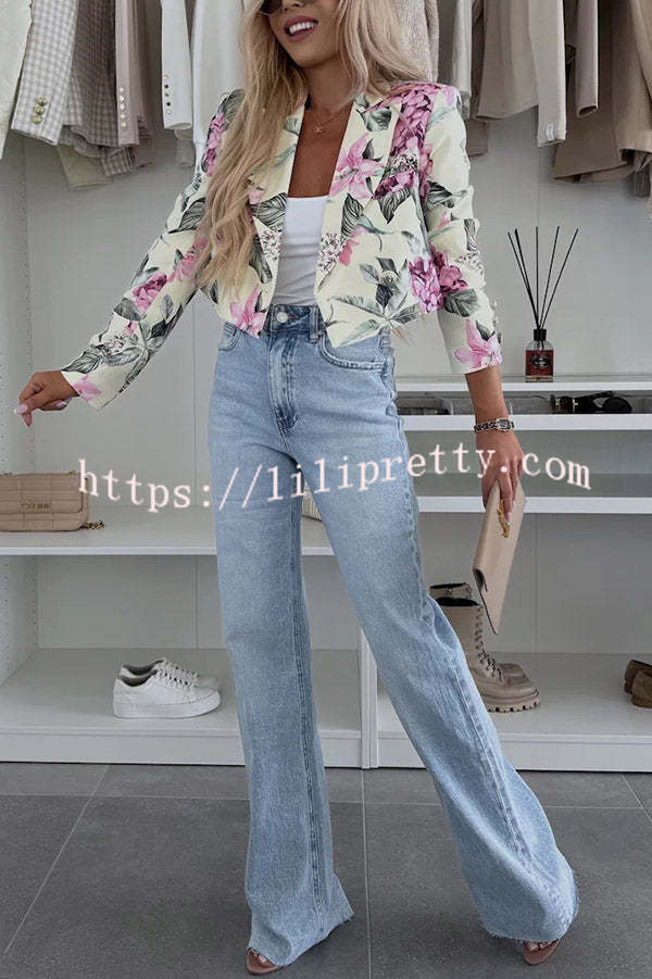 Picture Perfect Botanical Floral Print Long Sleeve Lapel Crop Blazer