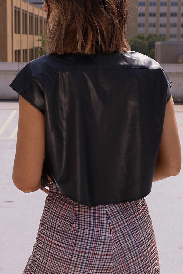 Fashion Faux Leather Pocket Sleeveless Cropped Jacket
