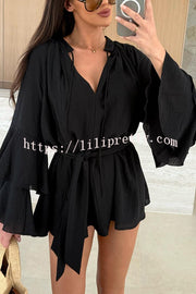 Solid Color V-neck Ruffled Long Sleeve Waist Tie Mini Dress