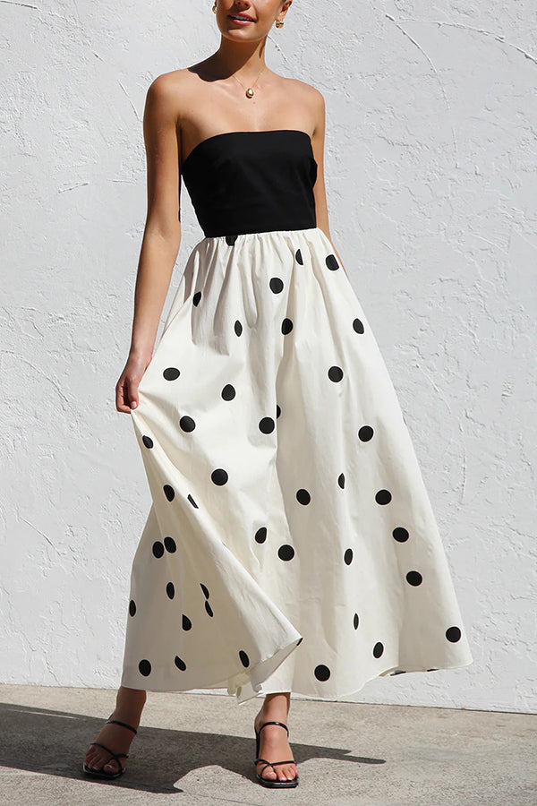 Polka Dot Print Off-shoulder Contrast Color Maxi Dress