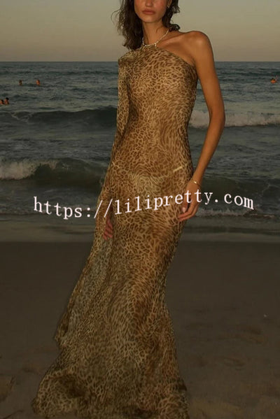 Leopard Print One Sleeve Sexy See-Through Fit Maxi Dress