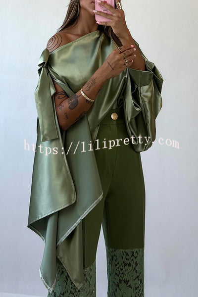 Chic Moment Satin Irregular Knot Slit Sleeve One Shoulder Loose Blouse