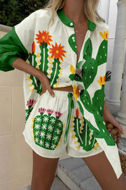 Beautiful Contrasting Cactus Print Button Pocket Lace Up Shorts Set
