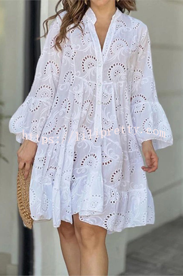 Lilipretty V Neck Embroidered Hollow Lace Flower Mini Dress