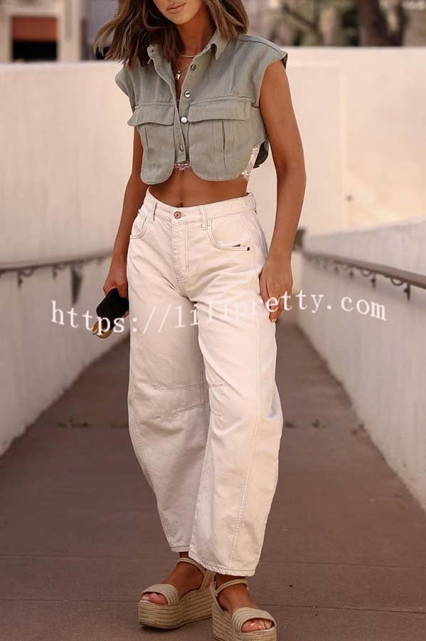 Stylish Weekend Denim Button Up Cape Sleeve Pocket Crop Top
