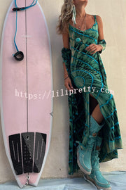 Lilipretty Boho Fashion Tie-dye Print Cowl Neck Stretch Slit Midi Dress