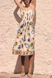 Summer Fruit Print Sling Pleated Vacation Midi Dress