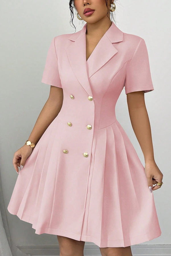 Solid Color Lapel Short Sleeve Button Waist Mini Dress