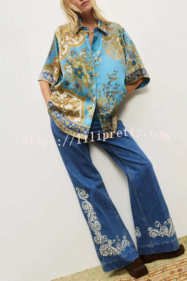 Satin Floral Print Loose Shirt and Elastic Waist Pocket Casual Wide-leg Pants
