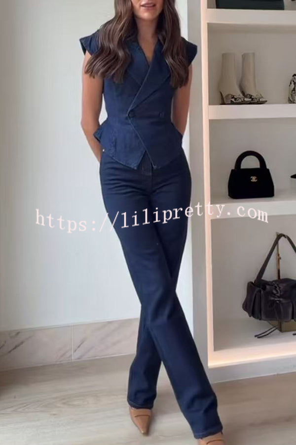 Charley Denim Button Up Cap Short Sleeve Structured Tie-up Lapel Top