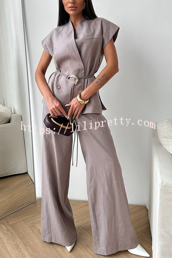 Modern City Double Breasted Belted Wide Short Sleeve Suit and Elastic Waist Loose Pants Set