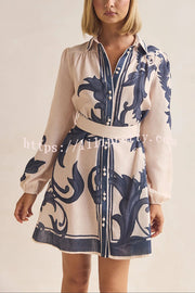 Botanical Print Lapel Puff Sleeve Vintage Belt Loose Mini Dress