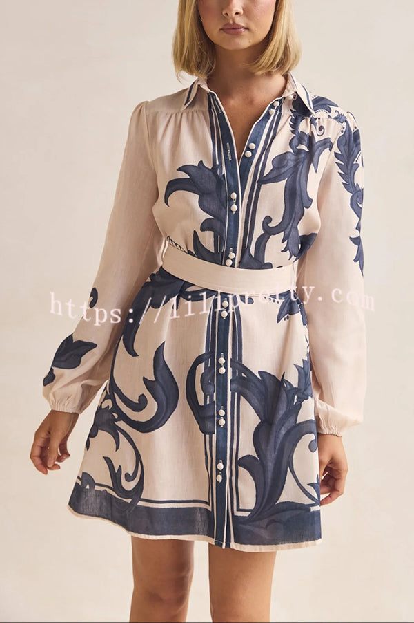 Botanical Print Lapel Puff Sleeve Vintage Belt Loose Mini Dress