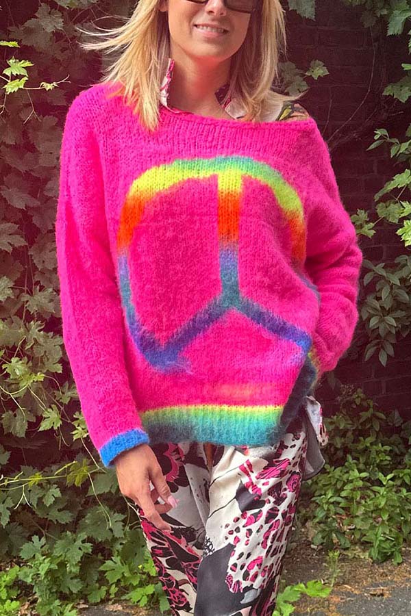 Lilipretty Love and Peace Knit Rainbow Pattern Loose Pullover Sweatershirt
