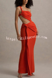 Sexy One-shoulder Backless Ribbon Pleated Slim Maxi Dress