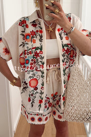 Linen Blend Floral Print Short Sleeve Loose Shirt and Elastic Waist Tie Casual Shorts Set