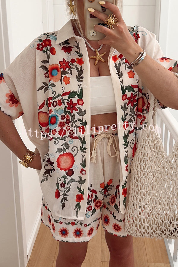 Linen Blend Floral Print Short Sleeve Loose Shirt and Elastic Waist Tie Casual Shorts Set