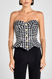 Maya Check Bouclé-tweed Fabric Sweetheart Neck Gold Button Strapless Tank