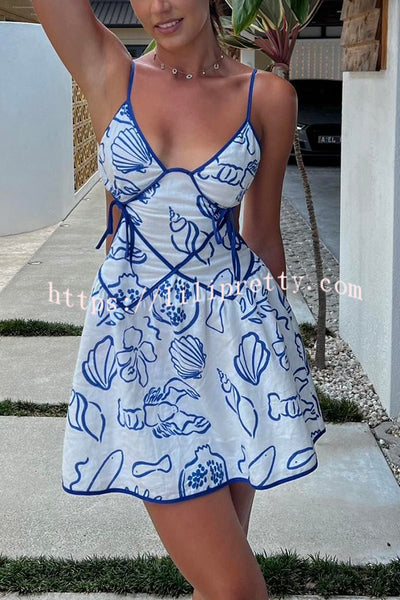 Summer Beach Graphic Print Backless Strappy Mini Dress