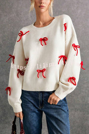 Christmas Bow Round Neck Loose Long Sleeve Knitted Sweater