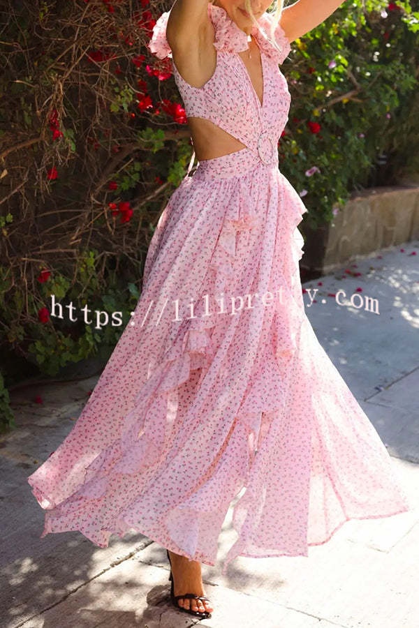 Wedding Dreams Chiffon Printed Flutter Sleeve Cutout Back Lace-up Maxi Dress