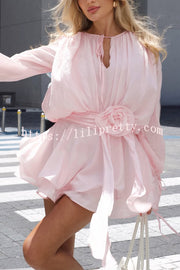 Solid Color Long Sleeve V-Neck Lace-Up Elegant Flower Decorated Mini Dress