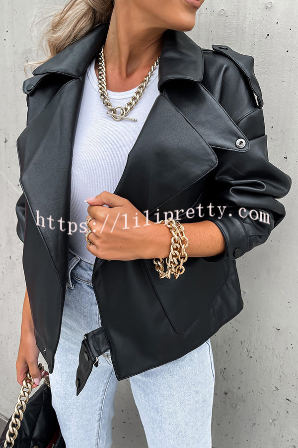 Stylish Leather Lapel Pocket British Style Cropped Jacket