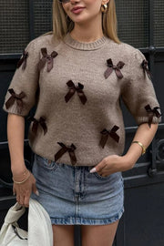 Stylish Bow Decoration Round Neck Puff Sleeve Casual Knit Sweater