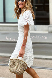 Lilipretty Sweet Valor Crochet Lace Puff Sleeve Button Up Mini Dress
