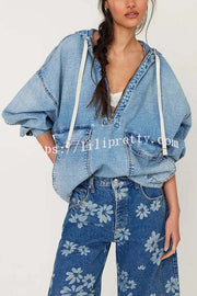 Fashion Loose Pocket Casual Denim Zipper Hoodie