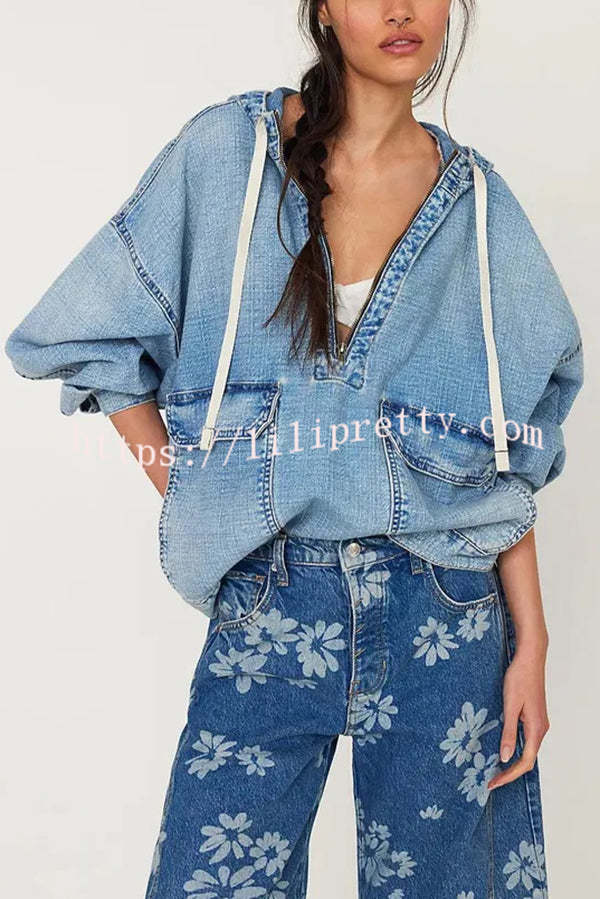 Fashion Loose Pocket Casual Denim Zipper Hoodie