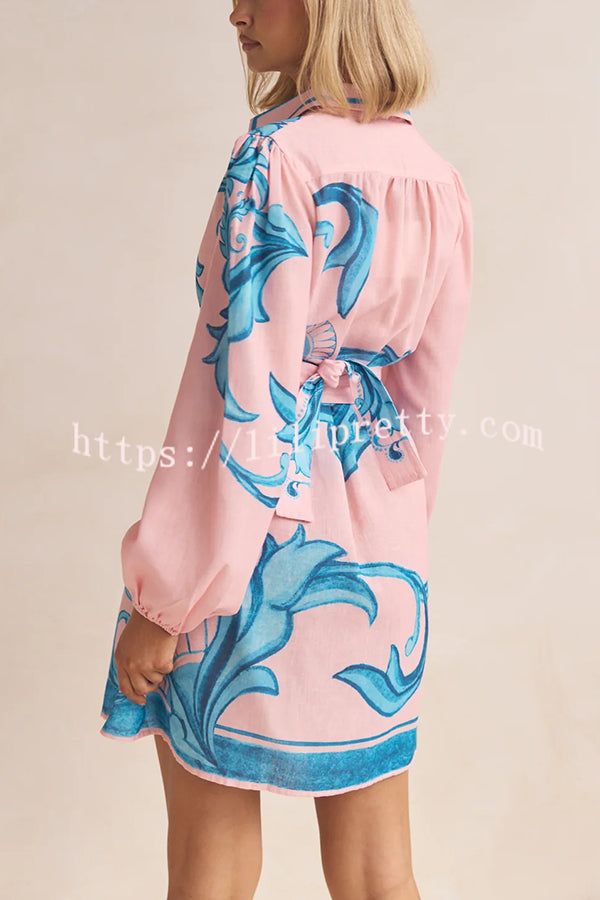 Botanical Print Lapel Puff Sleeve Vintage Belt Loose Mini Dress