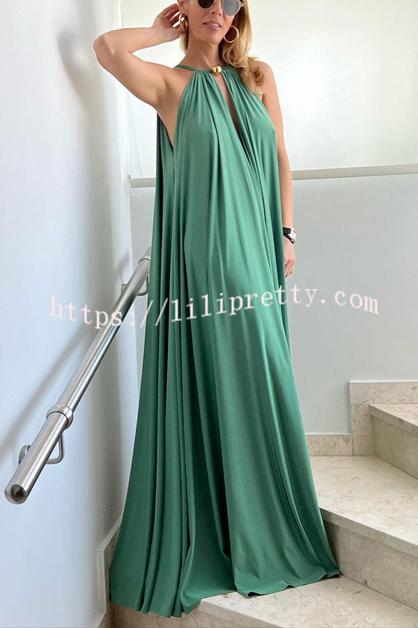 Lilipretty Greek Goddess Distinctive Golden Halter Neck A-line Maxi Dress