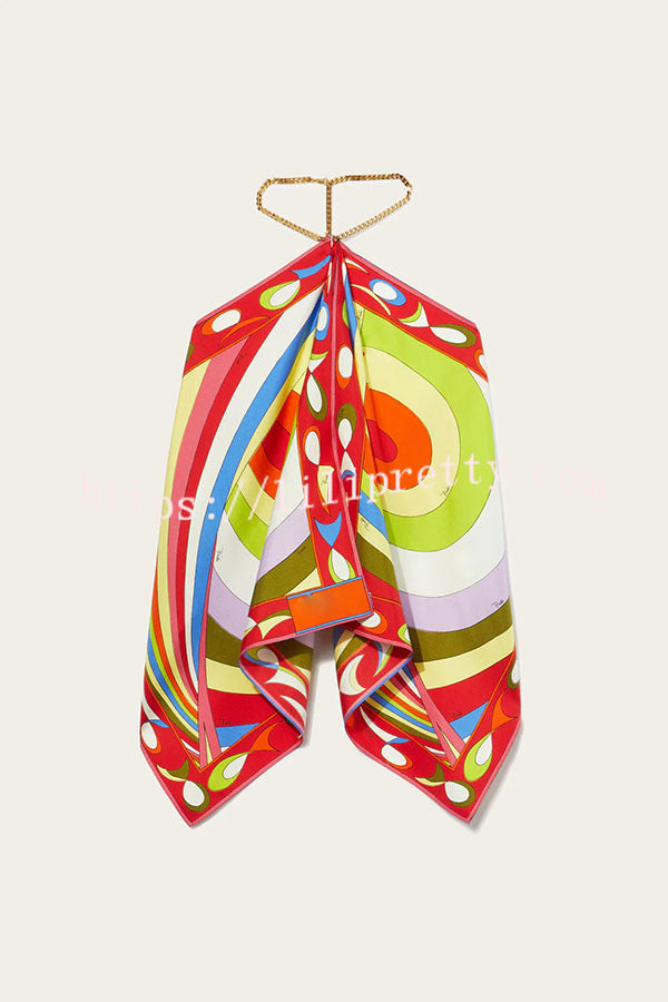 Artistic Girl Satin Unique Print Metal Chain Halter Draped Scarf Tank