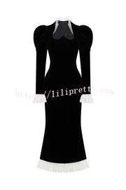 Baroque Style Velvet Lace Trim Sweetheart Neck Long Sleeve Flare Midi Dress