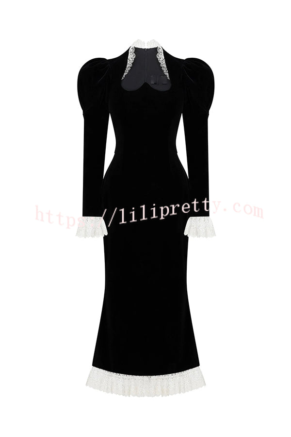 Baroque Style Velvet Lace Trim Sweetheart Neck Long Sleeve Flare Midi Dress