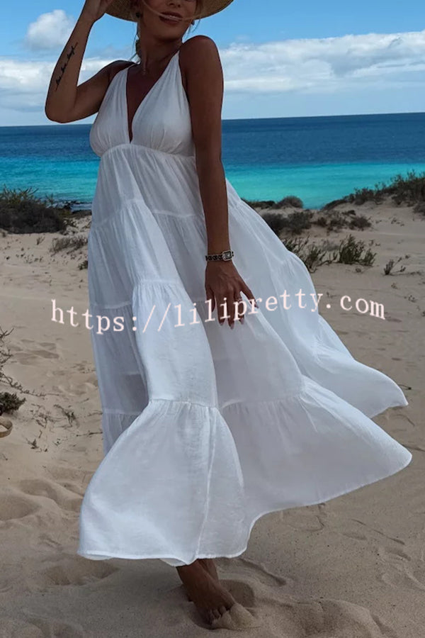 Bohemian Style V-neck Backless Slip Layered Vacation Maxi Dress