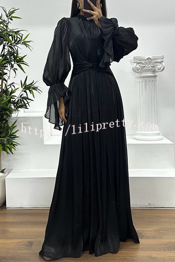 Ellah Shiny Fabric Chinese Stand Collar Twist Waist Balloon Sleeve Maxi Dress