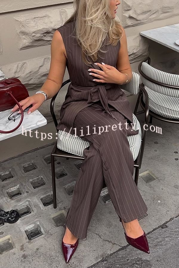 Goal Digger Striped Button Belted Lapel Vest and Pocketed Wide-leg Pants Set